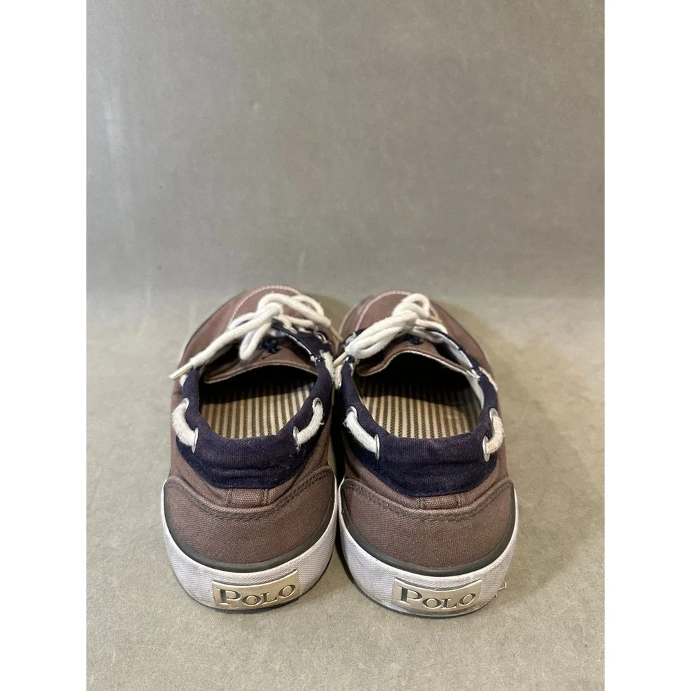 Polo Ralph Lauren Lander Mens Canvas Boat Shoes Brown Navy Blue Size 8.5‎ D